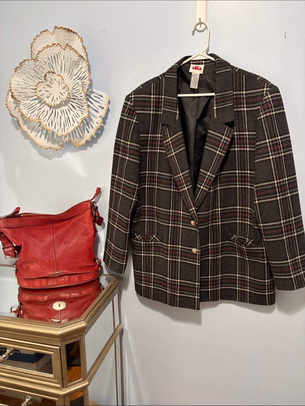 Saks Fifth Avenue Women's Black Plaid Blazer with Red & Cream Accents